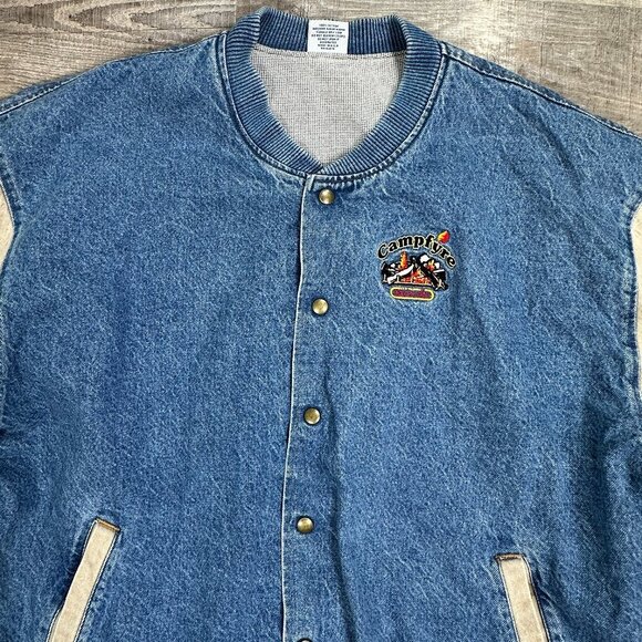 Men’s Campfyre Bomber Jacket Size XXL LA Loving Snap Up Denim Varsity Jacket - Picture 3 of 12